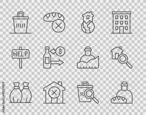 Set line Garbage bag, Feeding the homeless, Shelter for, No house, Trash can, Reception of glass bottles, Searching food and icon. Vector