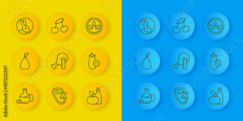 Set line Bottle of olive oil, Pear, Genetically modified chicken, Apple cider vinegar in bottle, Eggplant, Rabbit, Vegan food diet and Fresh berries icon. Vector