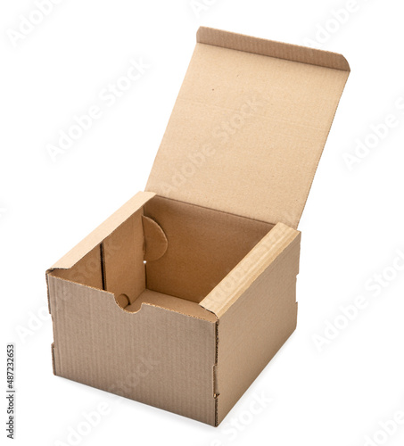 Empty open cardboard box. Postal and transport packaging isolated on a white background