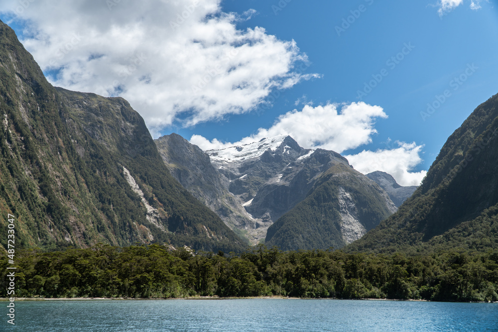 Harrison Cove in Milford Sound Looking towards Tutoko Mountain on a Bright Summers Afternoon in the South Island of New Zealand Harrison Cove in Milford Sound Looking towards Tutoko Mountain on a Bright Summers Afternoon in the South Island of New Zealand