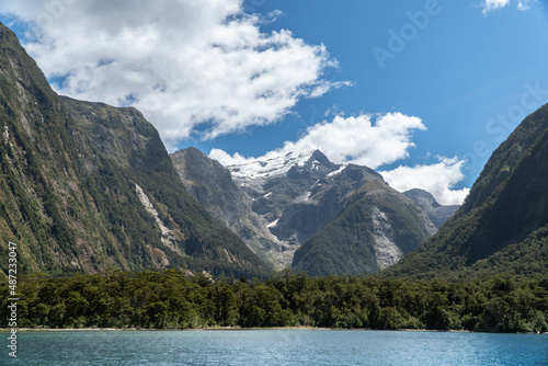 Harrison Cove in Milford Sound Looking towards Tutoko Mountain on a Bright Summers Afternoon in the South Island of New Zealand