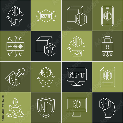 Set line NFT Digital crypto art, contract, Cyber security, and icon. Vector