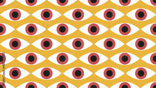 Vector seamless pattern in Bauhaus minimal style. Eyes symbols on yellow background. Vintage colored.