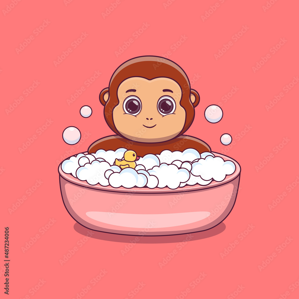 cute monkey taking bath with duck toy and bubbles cute monkey taking bath with duck toy and bubbles