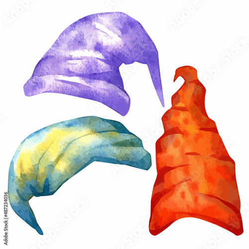 Watercolor vector illustration set of colorful gnome hats