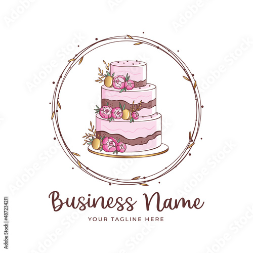 Wedding tiered cake with pink peonies and marshmallows. A unique logo for a boutique confectionery or bakery