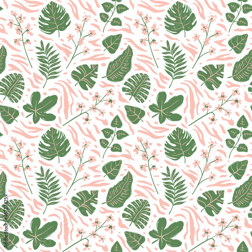 Seamless pattern with tropical flowers and leaves on the background of pink zebra stripes Hand drawn vector Illustration