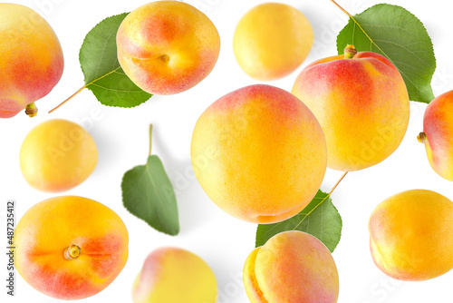 Randomly falling apricots. Isolated apricots on a white background.
