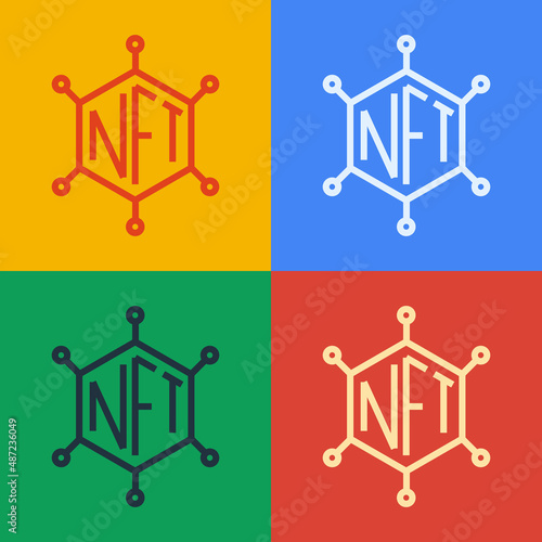 Pop art line NFT blockchain technology icon isolated on color background. Non fungible token. Digital crypto art concept. Vector