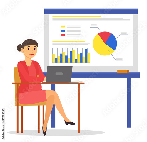 Pregnant boss or businesswoman working on data analysis or information inputting. Expectant mother with laptop and whiteboard with charts. Infocharts on smartboard for presentation vector in flat