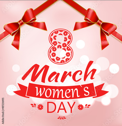 Spring congratulation poster of womens international holiday 8 March. Postcard ladies day decorated by ribbon and bow symbol in red color. Greeting happy festive for female with best wishes vector