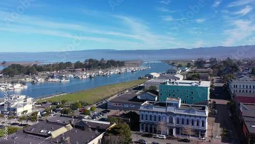 Eureka California, West Coast maritime city in Humboldt County. Aerial drone view of historic buildings. photo