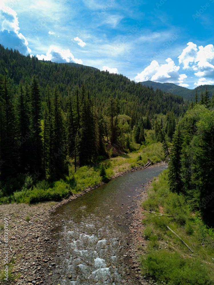 Aerial drone images of Crystal creek in the Redman historic district of Colorado