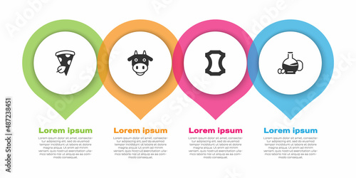Set Vegan pizza slice, Cow head, Leather and Bottle of olive oil. Business infographic template. Vector