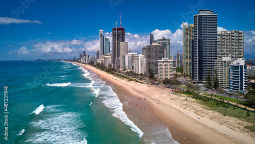 Aerial of High Rise Buildings and Surf at Surfers Paradise in Queensland
