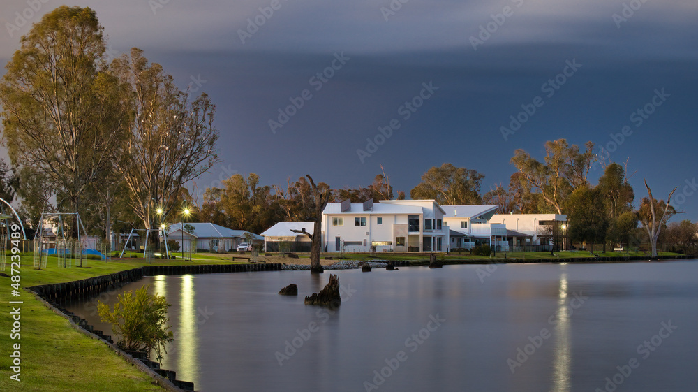 Houses and Apartments at Night on the Shore of Lake Mulwala