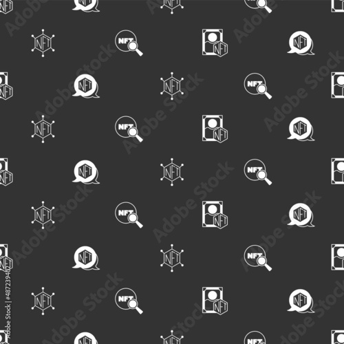 Set NFT Digital crypto art, blockchain technology and Search on seamless pattern. Vector