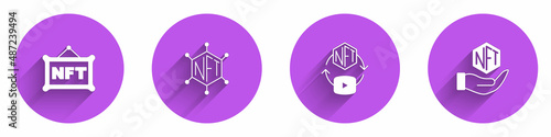 Set NFT Digital crypto art, blockchain technology, and icon with long shadow. Vector