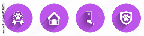 Set Pet award symbol, Dog house, Drinker for small pets and Animal health insurance icon with long shadow. Vector