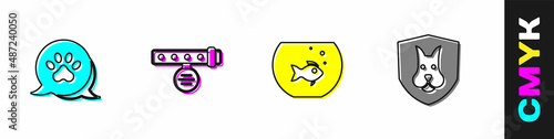 Set Paw print, Collar with name tag, Aquarium fish and Animal health insurance icon. Vector