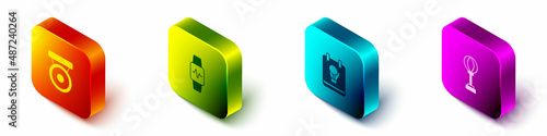Set Isometric Boxing gong, Smart watch with heart, glove and Punching bag icon. Vector