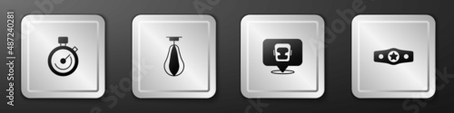 Set Stopwatch, Punching bag, Boxing helmet and belt icon. Silver square button. Vector