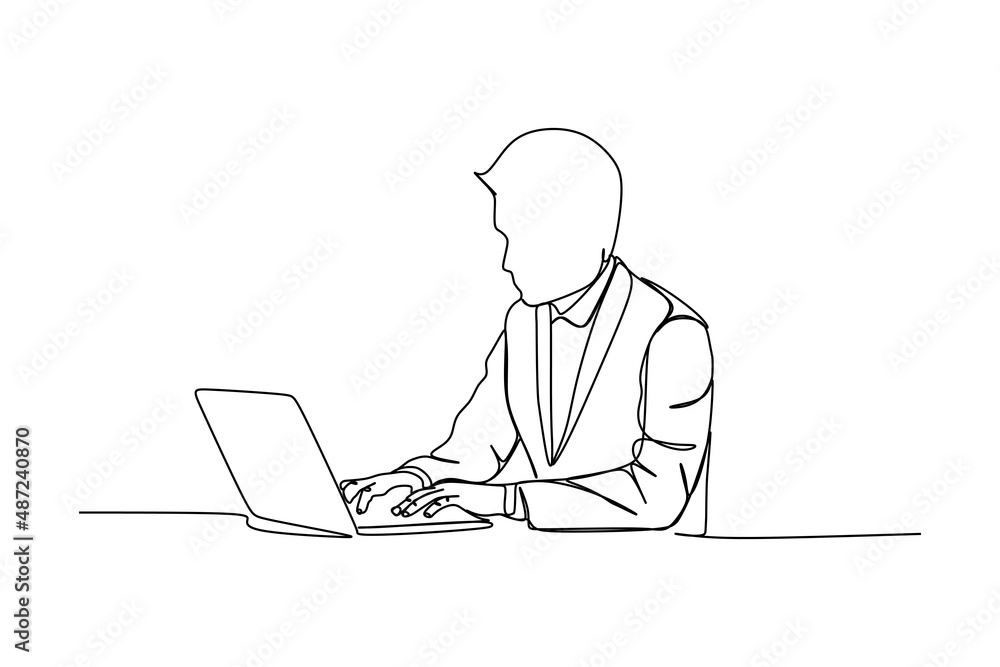 Continuous line drawing of a businessman working with computer laptop. One line business and technology hand drawn vector Continuous line drawing of a businessman working with computer laptop. One line business and technology hand drawn vector