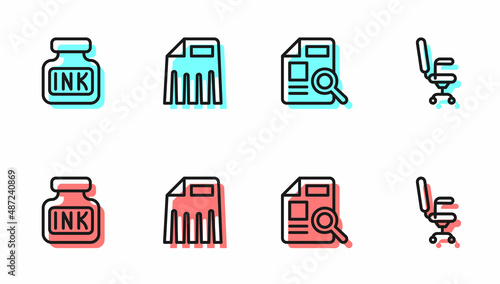 Set line Document with graph chart, Inkwell, Paper shredder and Office chair icon. Vector