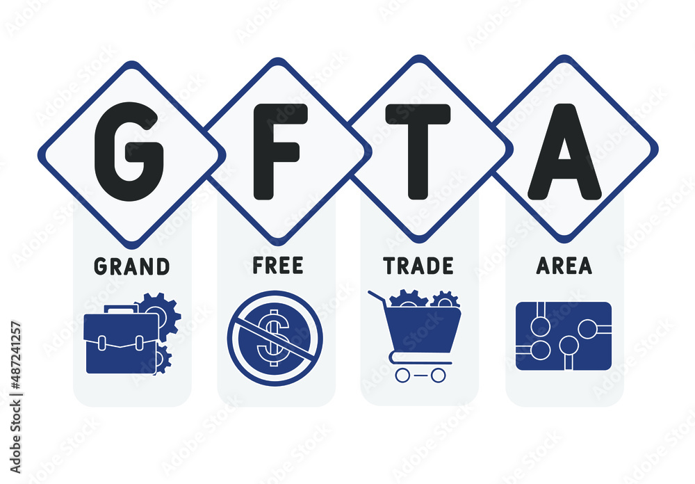 GFTA - Grand Free Trade Area acronym. business concept background. vector illustration concept with keywords and icons. lettering illustration with icons for web banner, flyer, landing pag GFTA - Grand Free Trade Area acronym. business concept background. vector illustration concept with keywords and icons. lettering illustration with icons for web banner, flyer, landing pag