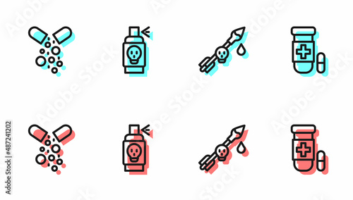 Set line Poison on the arrow, Poisoned pill, Spray against insects and Antidote icon. Vector