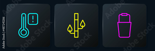 Set line Sauna thermometer, bucket and Bamboo. Black square button. Vector