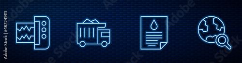 Set line Oil drop document, Seismograph, Mining dump truck and Magnifying glass with globe. Glowing neon icon on brick wall. Vector