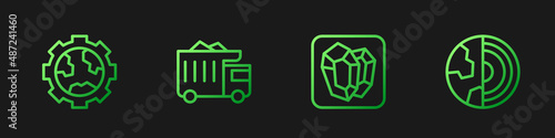 Set line Gem stone, Gear wheels and earth, Mining dump truck and Earth core structure crust. Gradient color icons. Vector