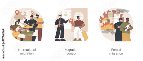 Leaving a country abstract concept vector illustration set. International migrants, border migration control, forced displacement, refugee group, check documents, application form abstract metaphor.