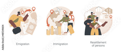 Foreign residence abstract concept vector illustration set. Emigration and immigration, resettlement of persons, refugee camp, residence permit, working visa, boarding control abstract metaphor.