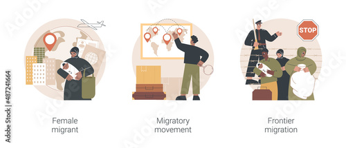 Human migration abstract concept vector illustration set. Female migrant, migratory movement, frontier migration services, international marriage, passport and documents, crisis abstract metaphor.