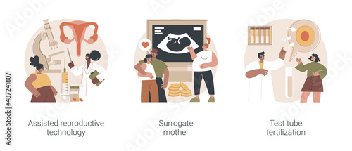 Infertility procedures abstract concept vector illustration set. Assisted reproductive technology, surrogate mother, test tube fertilization, in vitro, egg cell, pregnant woman abstract metaphor.