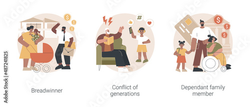 Family needs and communication abstract concept vector illustration set. Breadwinner, conflict of generations, dependant family member, disabled parent, freelance work, businessman abstract metaphor.