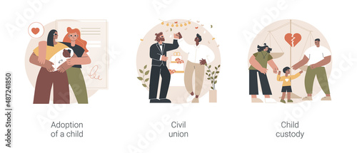 Family law abstract concept vector illustration set. Adoption of a child, civil union, child custody, single parent, happy family, wedding day, family conflict, parents divorce abstract metaphor.