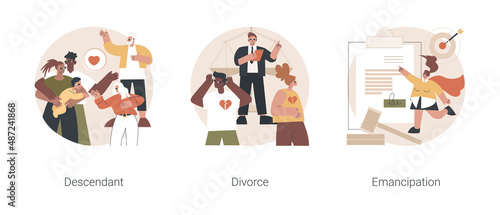 Family roles abstract concept vector illustration set. Descendant and generations relationship, parents divorce, emancipation and social equal rights, marriage separation abstract metaphor.