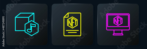 Set line NFT Digital crypto art, Monitor with store app and contract. Black square button. Vector