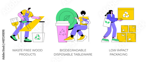 Sustainable materials abstract concept vector illustration set. Waste free wood products, biodegradable eco friendly disposable tableware, low impact packaging, shipping box abstract metaphor.