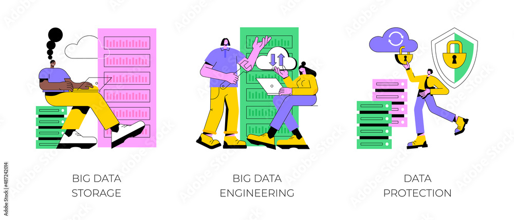 Database security abstract concept vector illustration set. Big data storage, big data engineering, data protection, disk infrastructure, business information safety, access policy abstract metaphor.