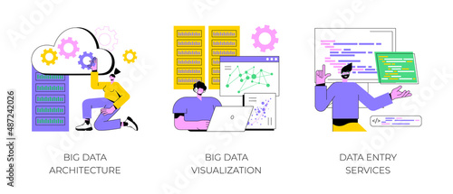 Information storage infrastructure abstract concept vector illustration set. Big data architecture, big data visualization, data entry services, business intelligence, outsource abstract metaphor.
