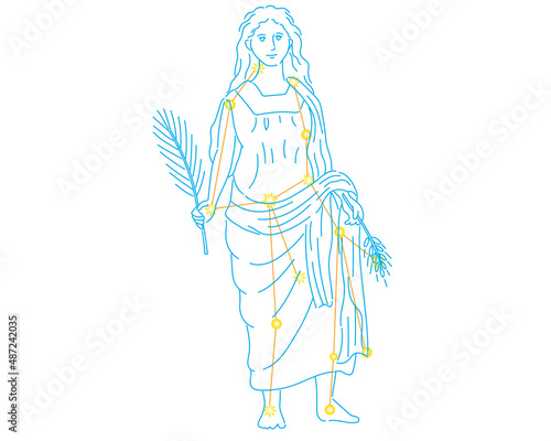 おとめ座の星座絵と星の配置、白背景