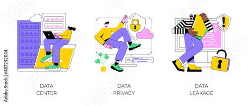 Internet privacy abstract concept vector illustration set. Data center, data privacy and leakage, computer system, remote storage, database networking, security software, hacker abstract metaphor.