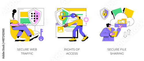 Data transfer abstract concept vector illustration set. Secure web traffic, rights of access, secure file sharing, virtual private network, VPN, traffic analysis, document sharing abstract metaphor.