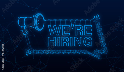 We re Hiring web banner. Plexus Megaphone With We are Hiring Speech on blue background. Vector stock illustration