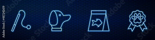 Set line Food for fish, Pet cat toy, Dog and award symbol. Glowing neon icon on brick wall. Vector