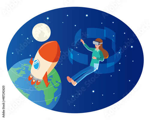 VR空間で宇宙を体験する女性
